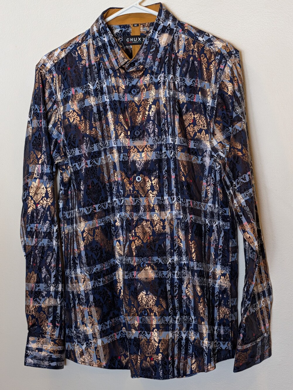 CHUXX Italy Design Men's Medium Blue Gold Baroque Button Up Long Sleeve Shirt